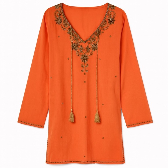 New Ranees Boho Tunic Dress Beach Coverup Summer Top Orange Gold Beaded Size XL - Picture 1 of 7